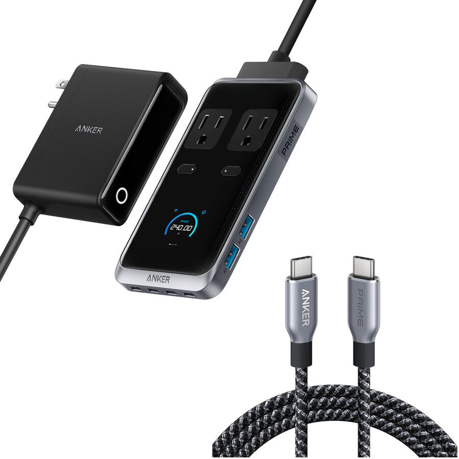 anker prime ladestasjon 8-i-1 240 w og anker prime usb-c til usb-c-kabel 240 w resirkulert flettet