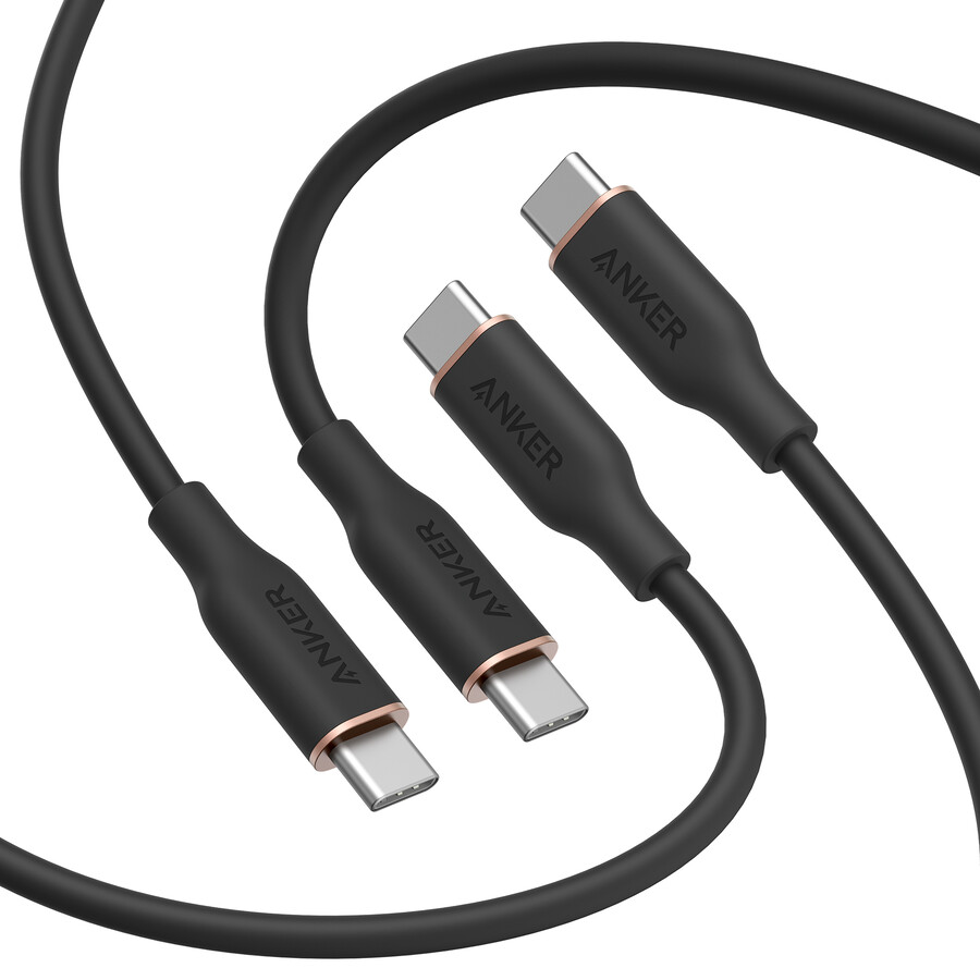 anker 643 usb-c til usb-c-kabel flow silikon 240 w 2-pakning midnattsvart