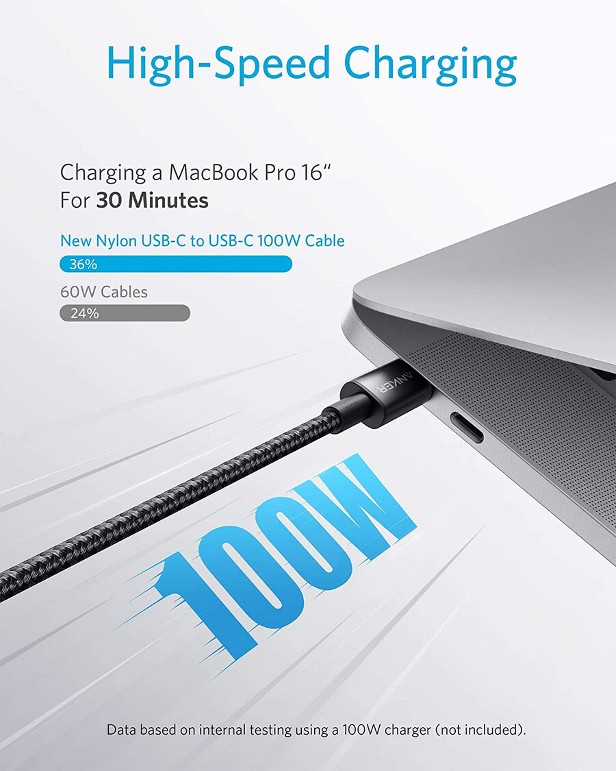 ny nylon usb-c til usb-c 100w-kabel 3 meter