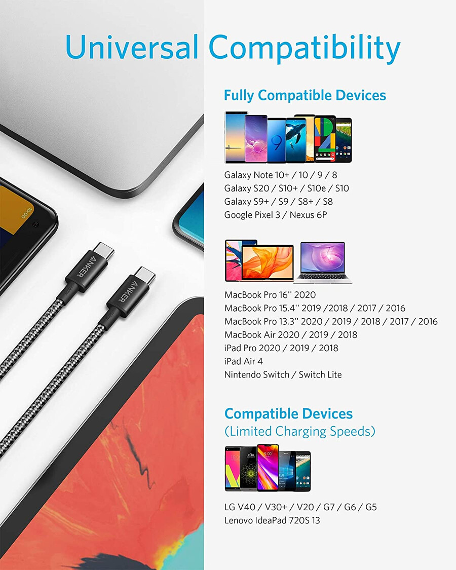 ny nylon usb-c til usb-c 100w-kabel 3 meter