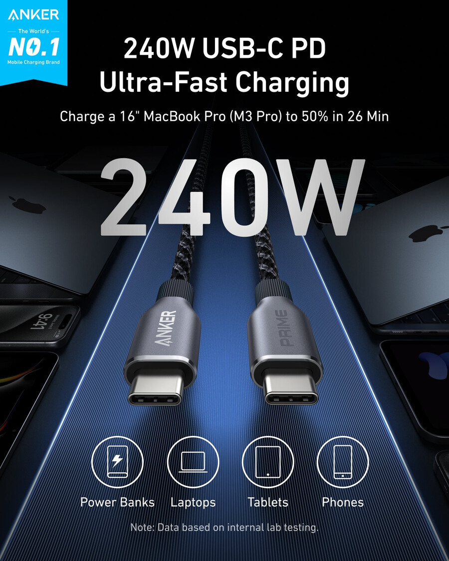 anker prime usb-c til usb-c-kabel 240 w resirkulert flettet 2-pakning