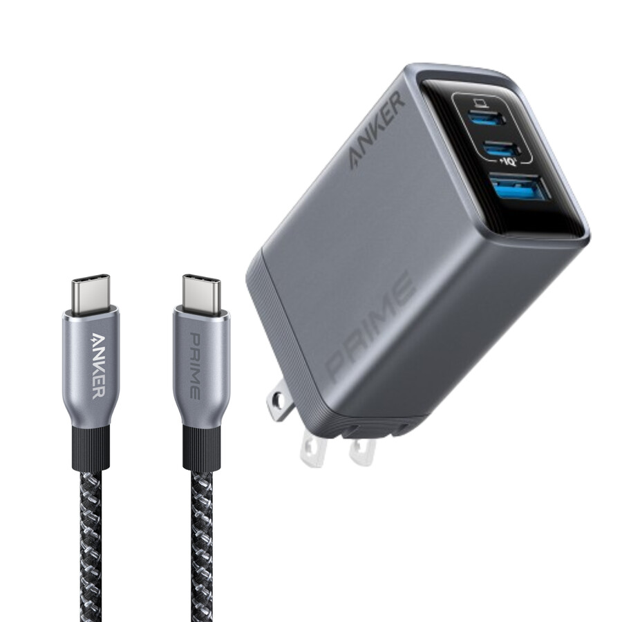 anker prime-lader 100 w 3 porter gan og anker prime usb-c til usb-c-kabel 240 w resirkulert flettet