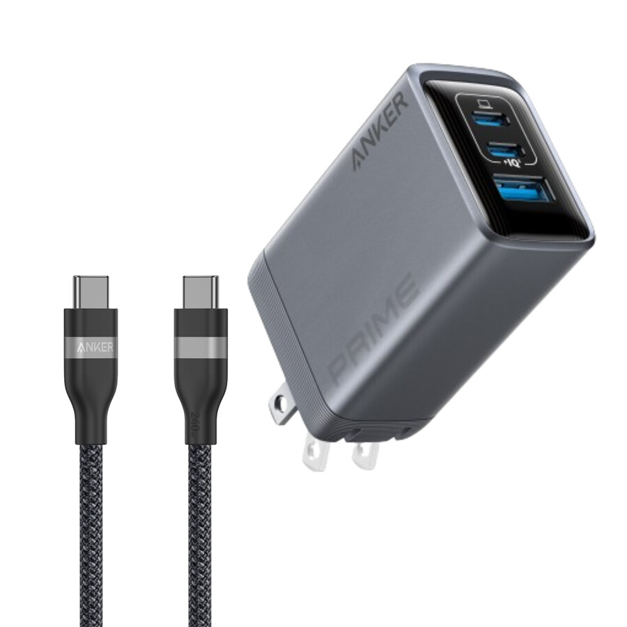 anker prime-lader 100 w 3 porter gan og anker usb-c til usb-c-kabel 09 m 18 m 240 w resirkulert flettet