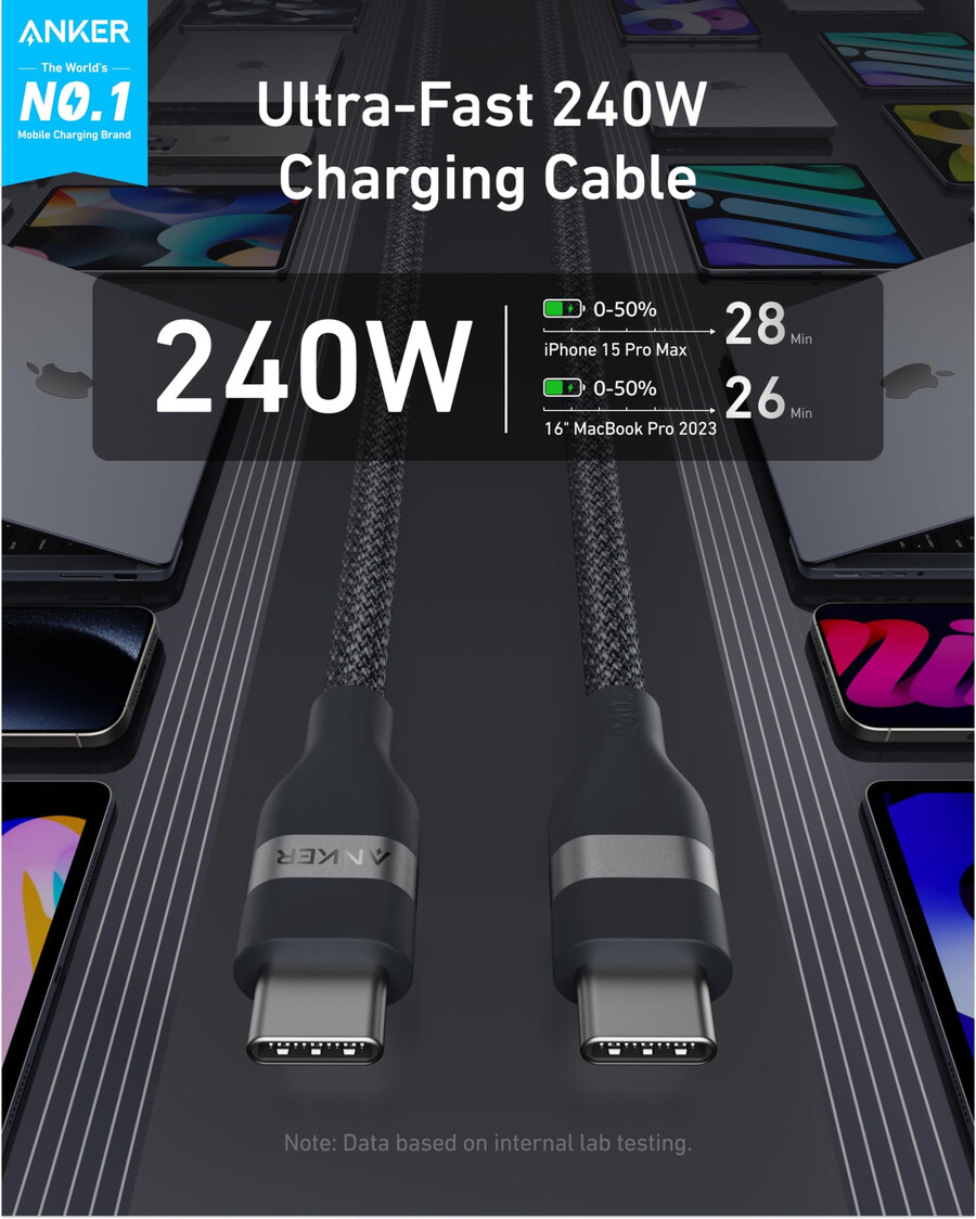 anker prime-lader 100 w 3 porter gan og anker usb-c til usb-c-kabel 09 m 18 m 240 w resirkulert flettet