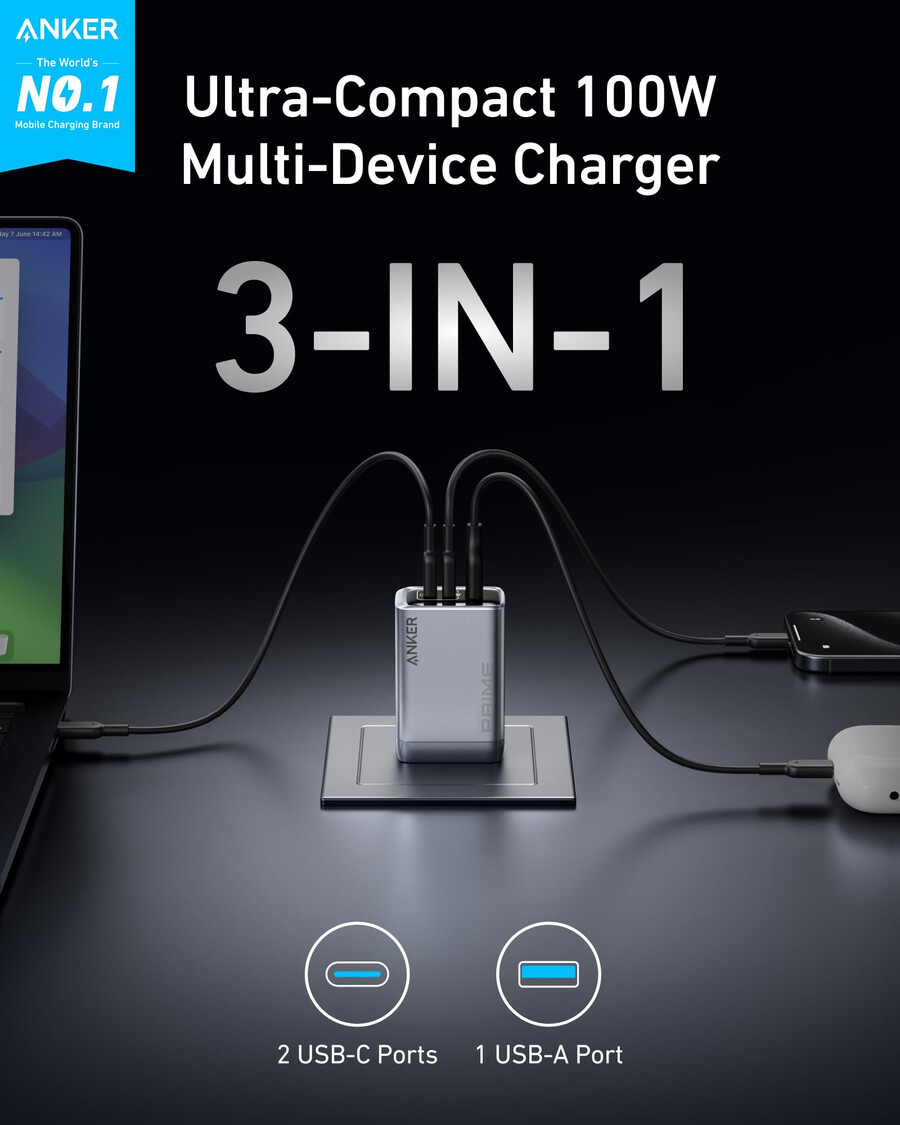 anker prime-lader 100 w 3 porter gan og anker prime usb-c til usb-c-kabel 240 w resirkulert flettet