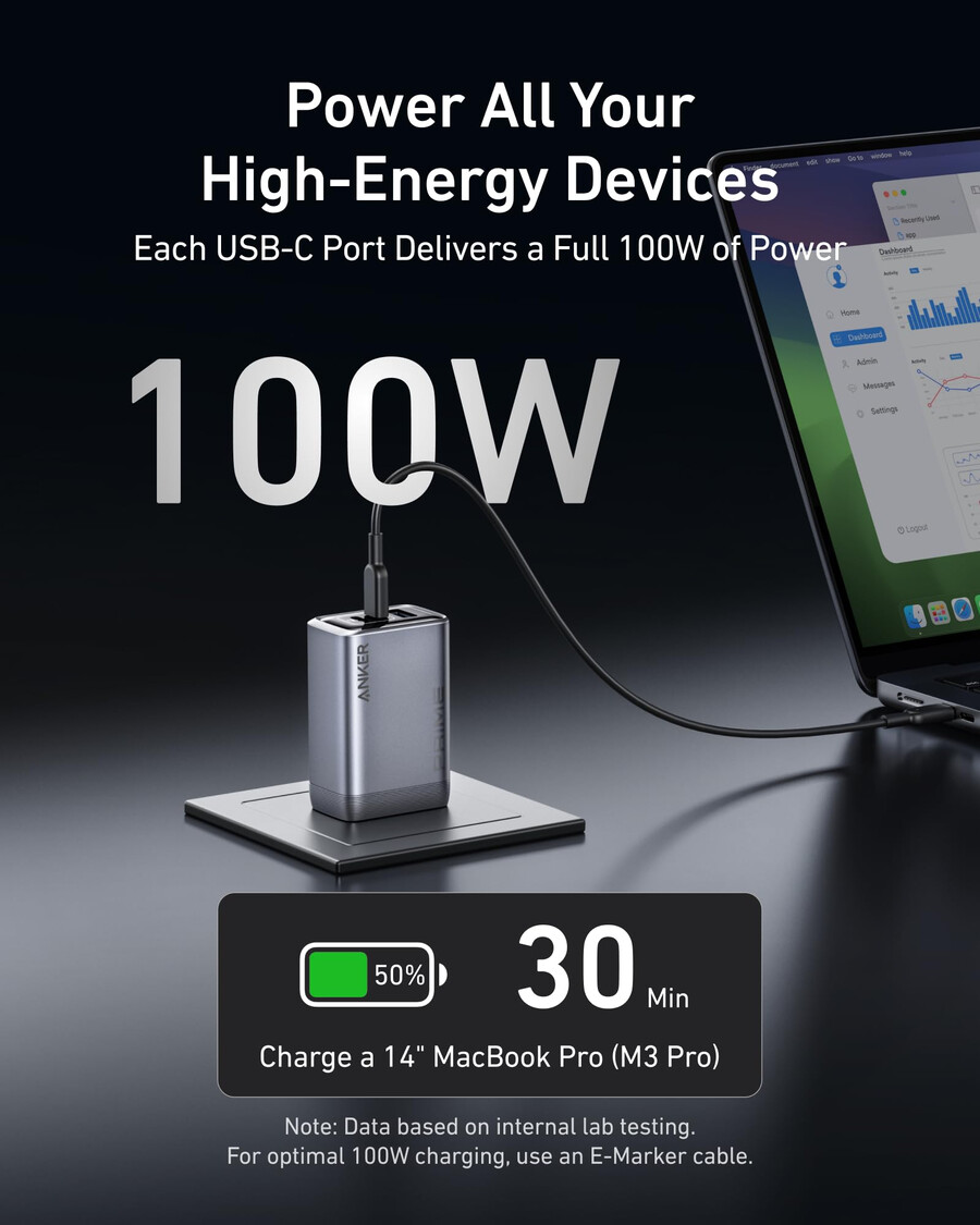 anker prime-lader 100 w 3 porter gan og anker prime usb-c til usb-c-kabel 240 w resirkulert flettet