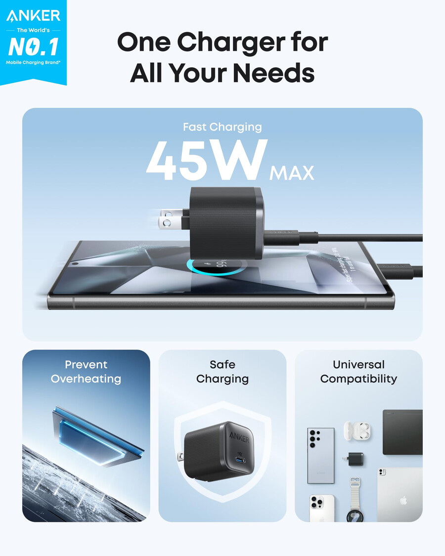 anker nano-lader 45 w med usb-c til usb-c-kabel 2-pakning