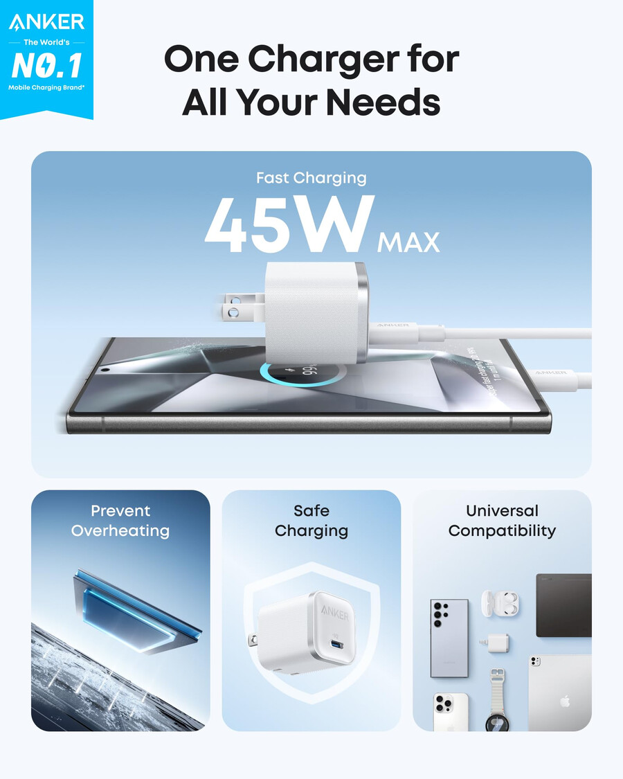 anker nano-lader 45 w med usb-c til usb-c-kabel 2-pakning