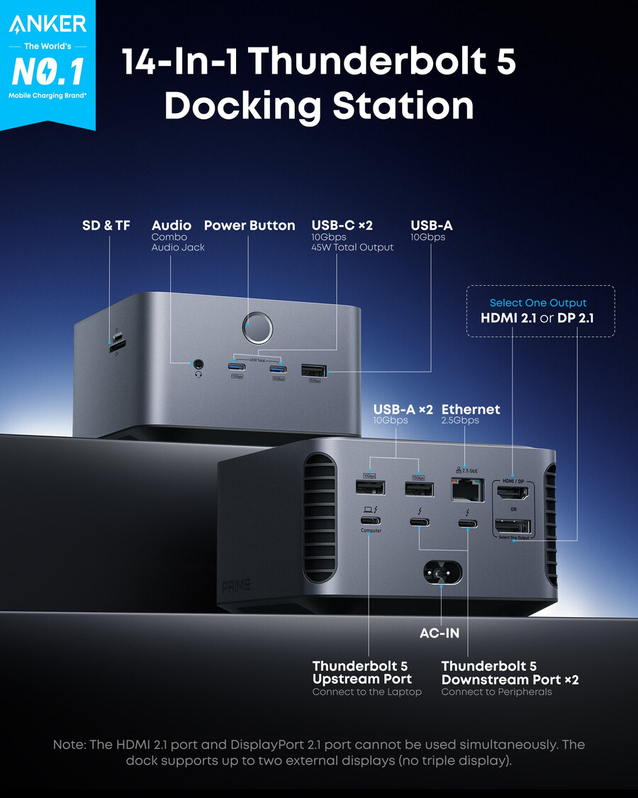anker prime thunderbolt 5-dokkingstasjon 14-i-1 140 w 8k tb5
