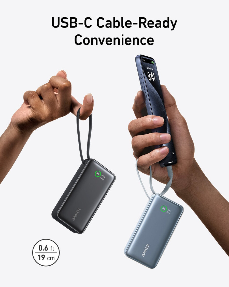 anker nano power bank 30w innebygd usb-c-kabel