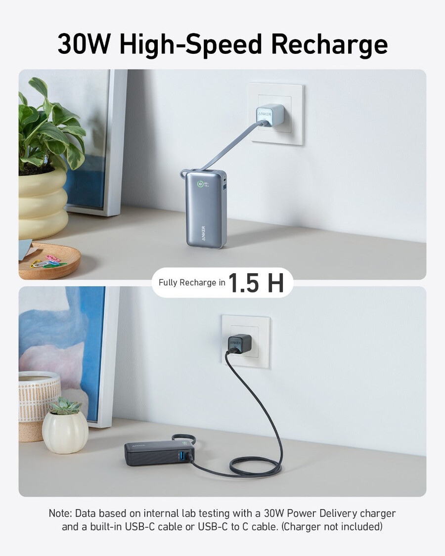 anker nano power bank 30w innebygd usb-c-kabel