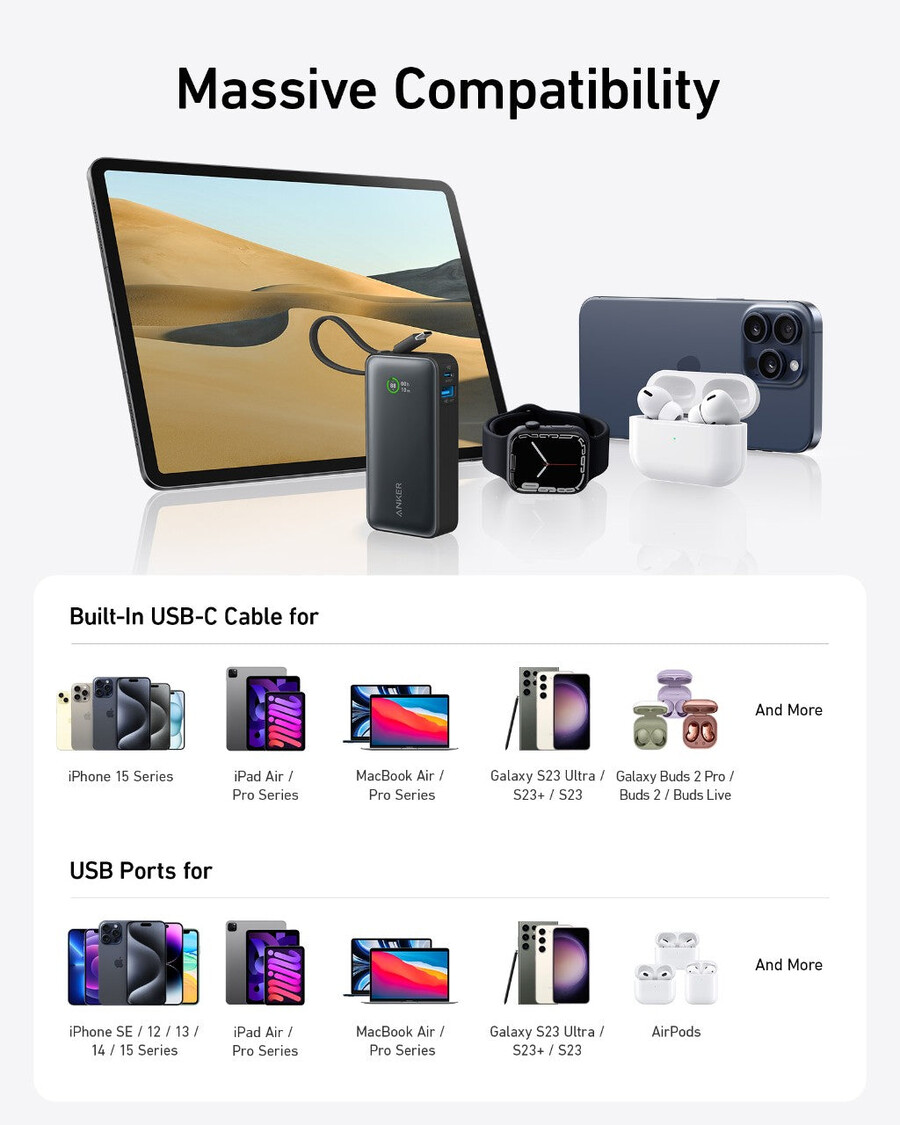 anker nano power bank 30w innebygd usb-c-kabel