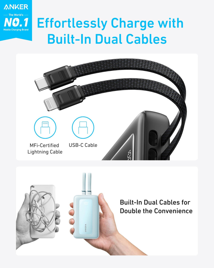 anker zolo power bank 20k innebygd usb-c og lightning-kabel