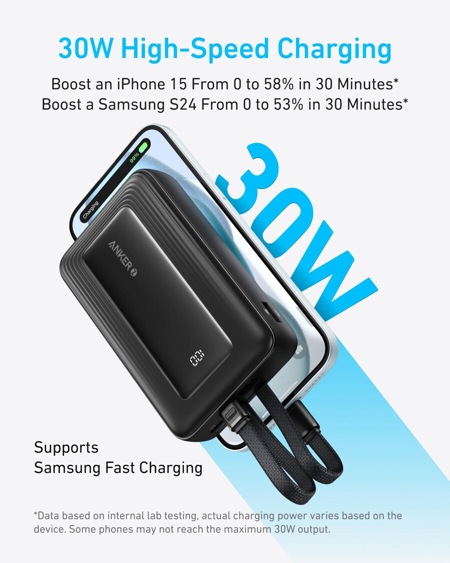 anker zolo power bank 20k innebygd usb-c og lightning-kabel