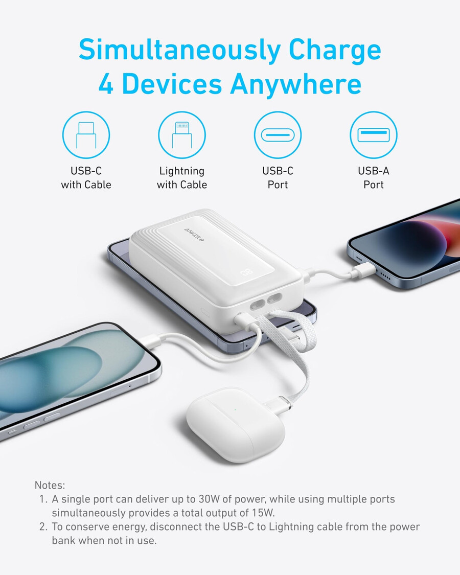 anker zolo power bank 20k innebygd usb-c og lightning-kabel
