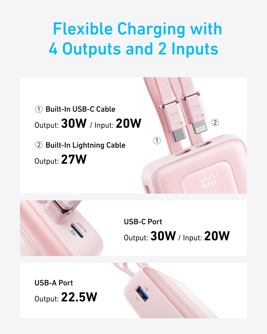 anker zolo power bank 20k innebygd usb-c og lightning-kabel