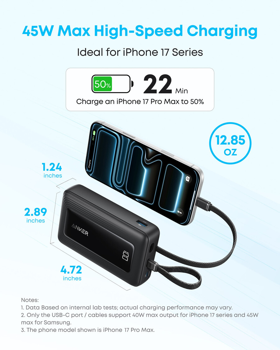 anker zolo power bank 20k innebygd usb-c og lightning-kabel