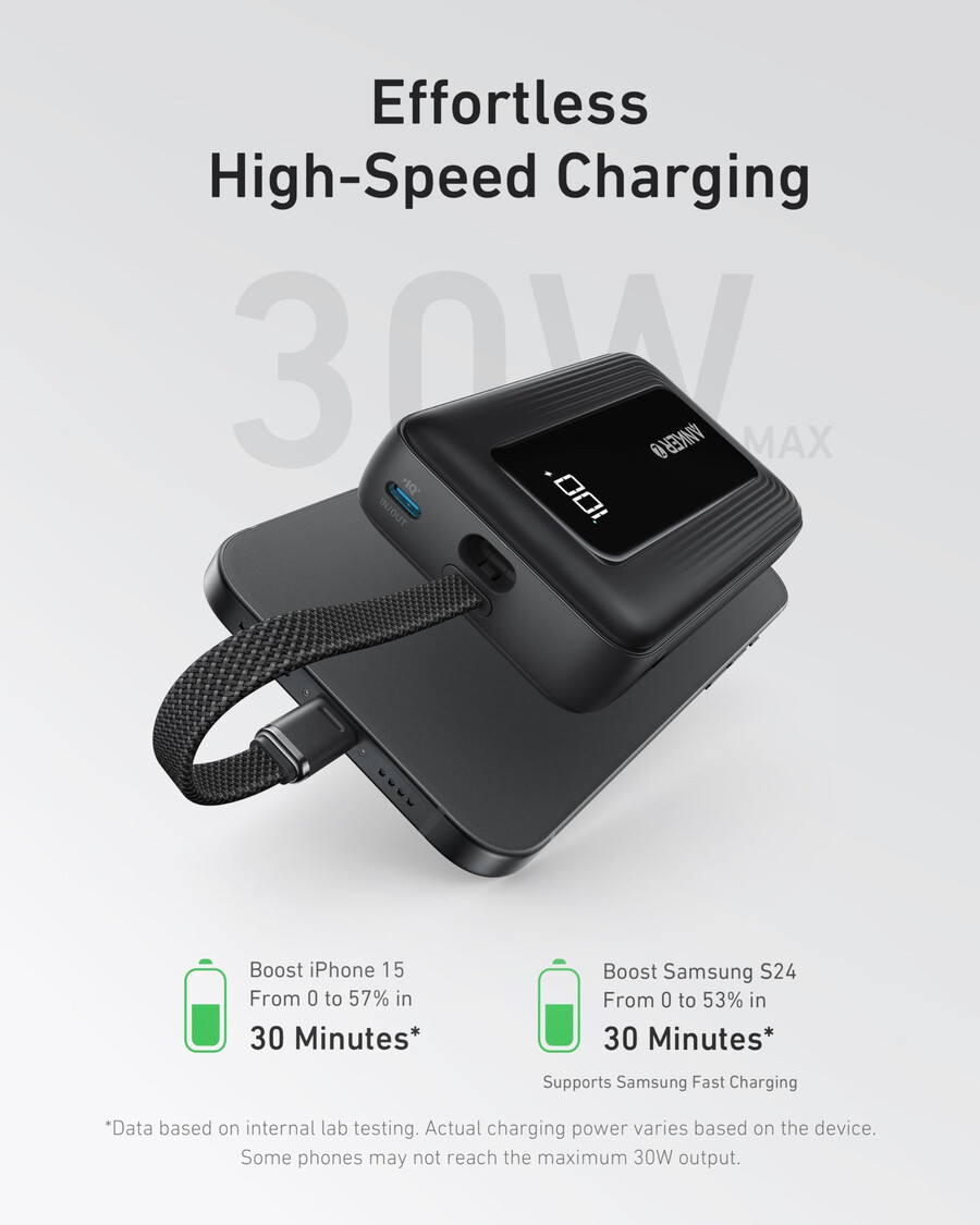 anker zolo power bank 10k 30w med en 54-tommers 137 cm innebygd usb-c-kabel.
