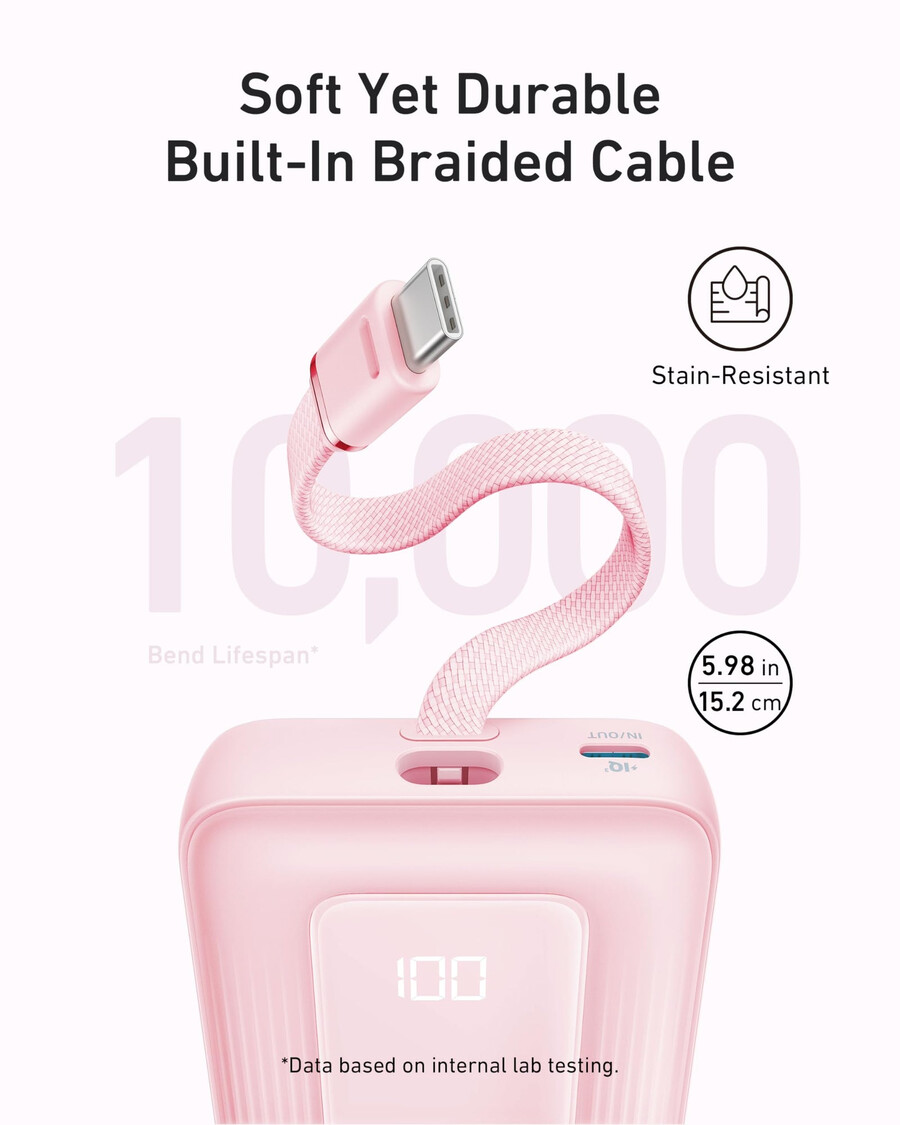 anker zolo power bank 10k 30w med en 54-tommers 137 cm innebygd usb-c-kabel.