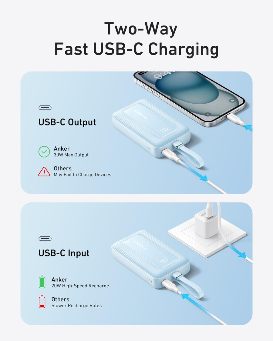 anker zolo power bank 10k 30w med en 54-tommers 137 cm innebygd usb-c-kabel.