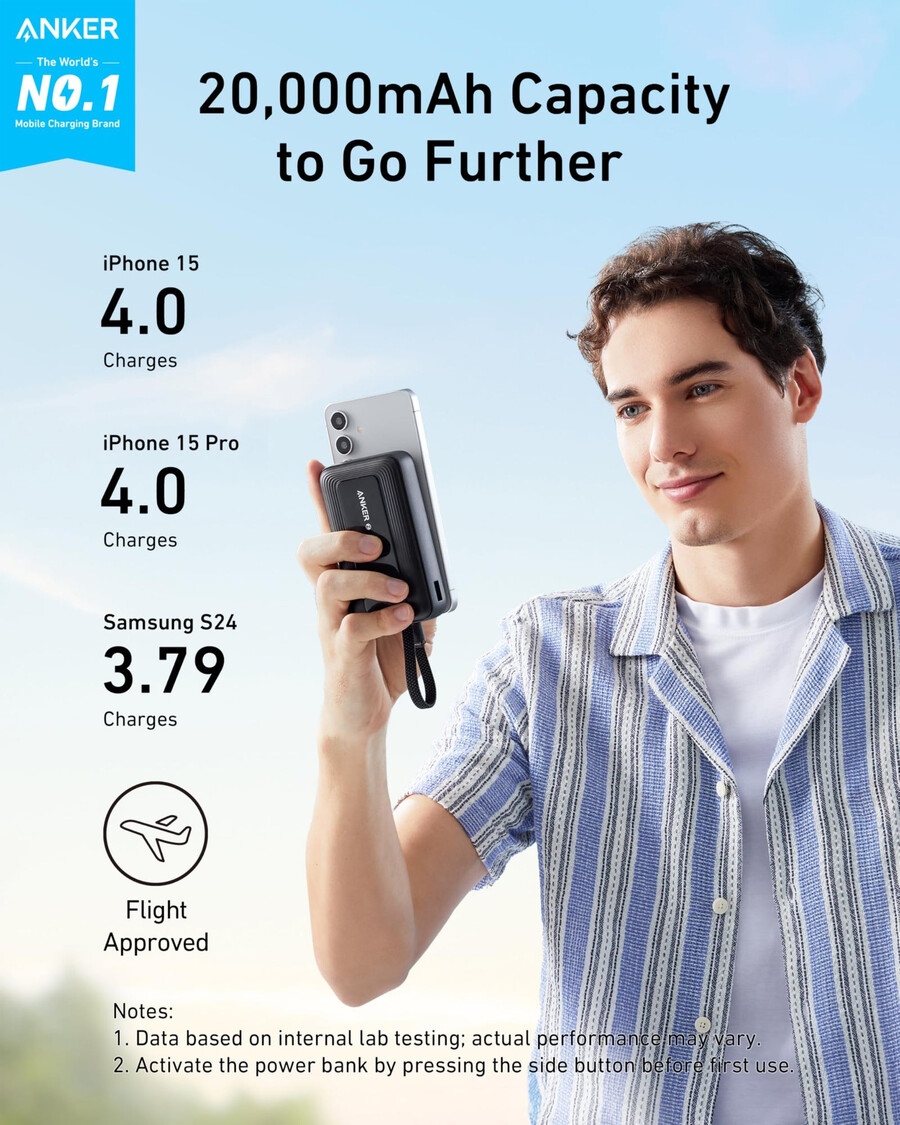 anker zolo power bank 10k 30w med en 54-tommers 137 cm innebygd usb-c-kabel.