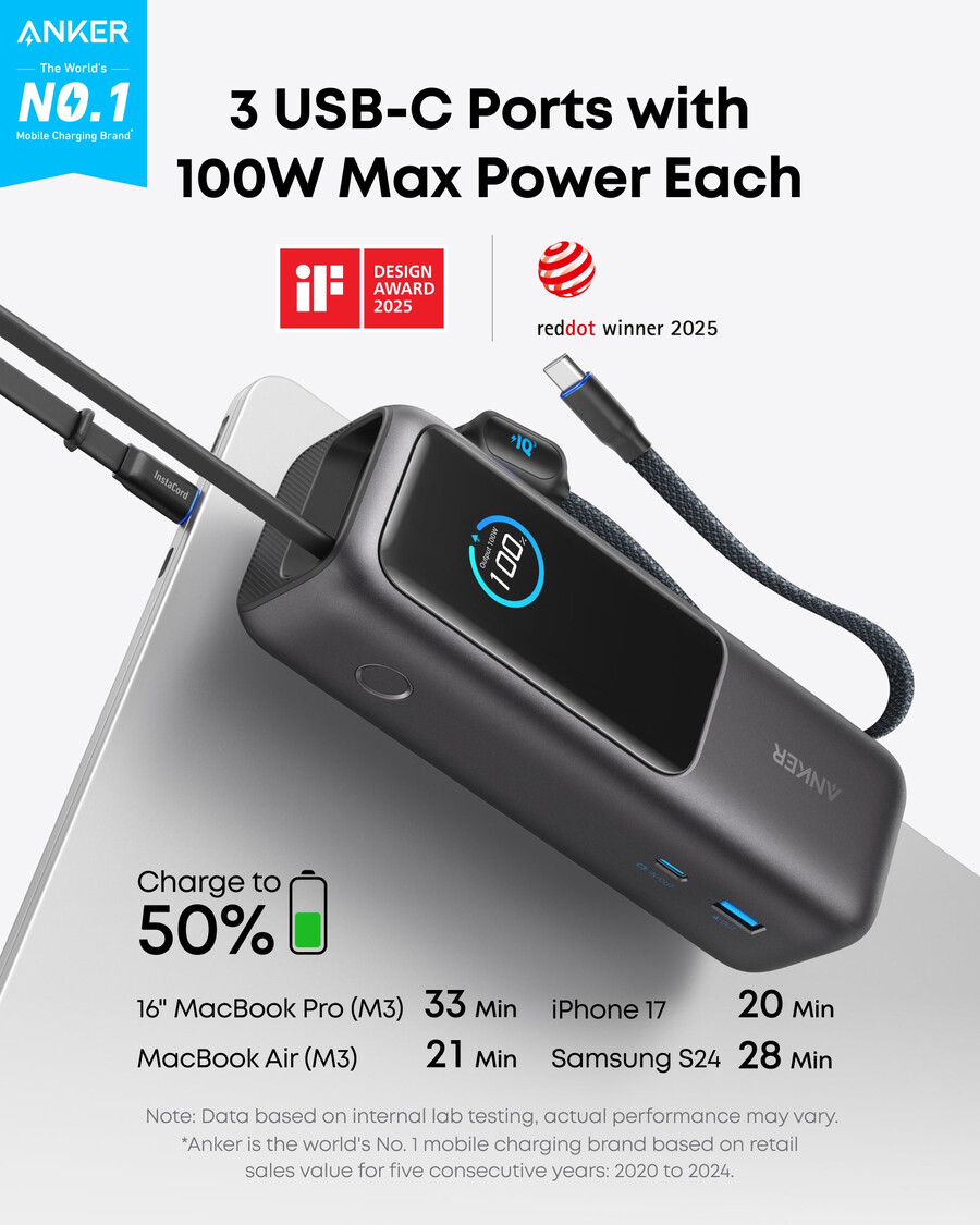 anker laptop-powerbank 25k 165w innebygde og uttrekkbare kabler