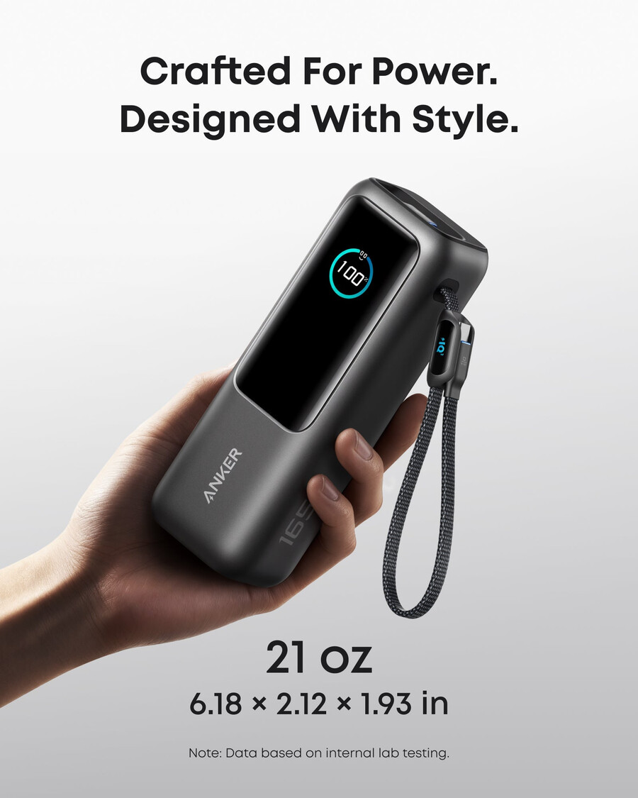 anker laptop-powerbank 25k 165w innebygde og uttrekkbare kabler