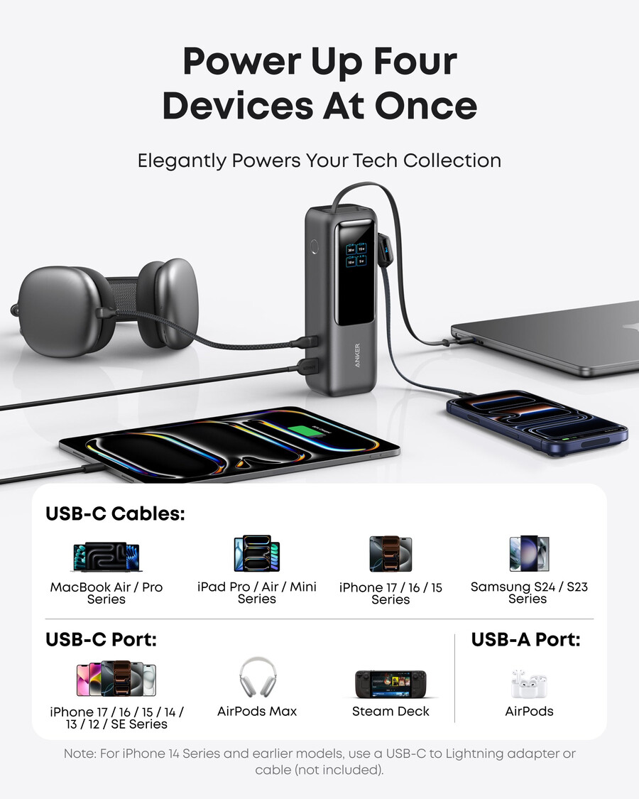 anker laptop-powerbank 25k 165w innebygde og uttrekkbare kabler