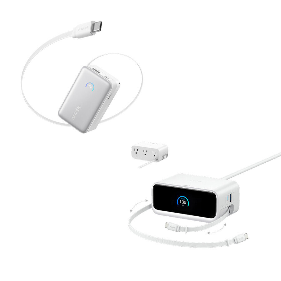 anker nano ladestasjon 7-i-1 100w og anker nano powerbank 10k 45w innebygd uttrekkbar usb-c-kabel