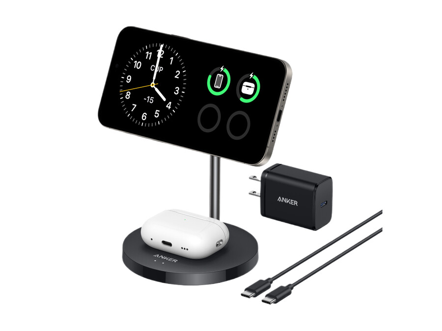 anker maggo trådløs lader 2-i-1 stativ 40w adapter inkludert