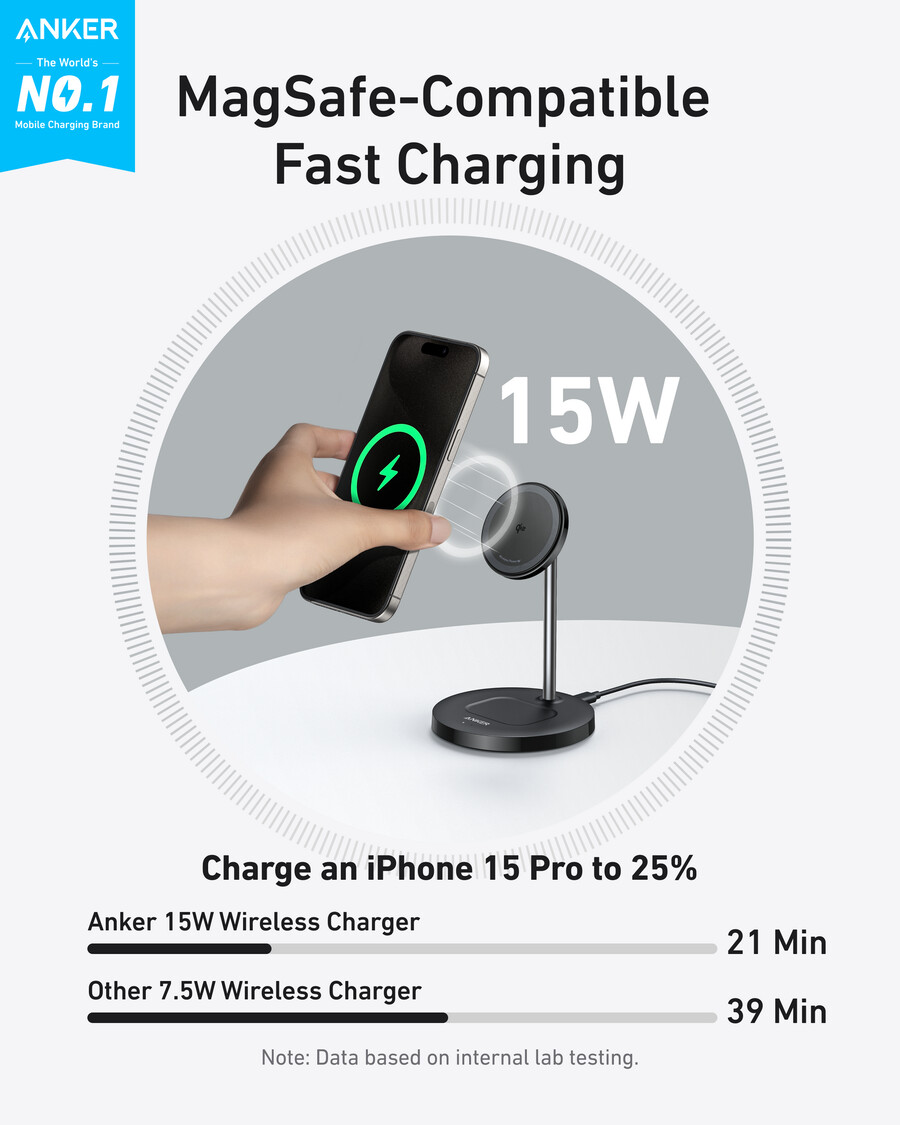 anker maggo trådløs lader 2-i-1 stativ 40w adapter inkludert