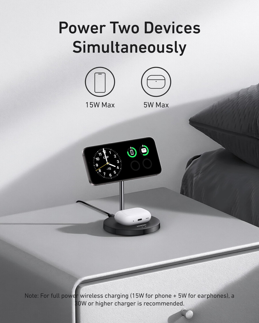 anker maggo trådløs lader 2-i-1 stativ 40w adapter inkludert