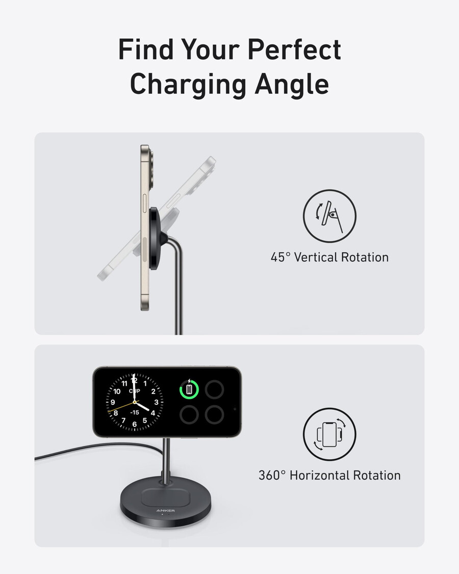 anker maggo trådløs lader 2-i-1 stativ 40w adapter inkludert
