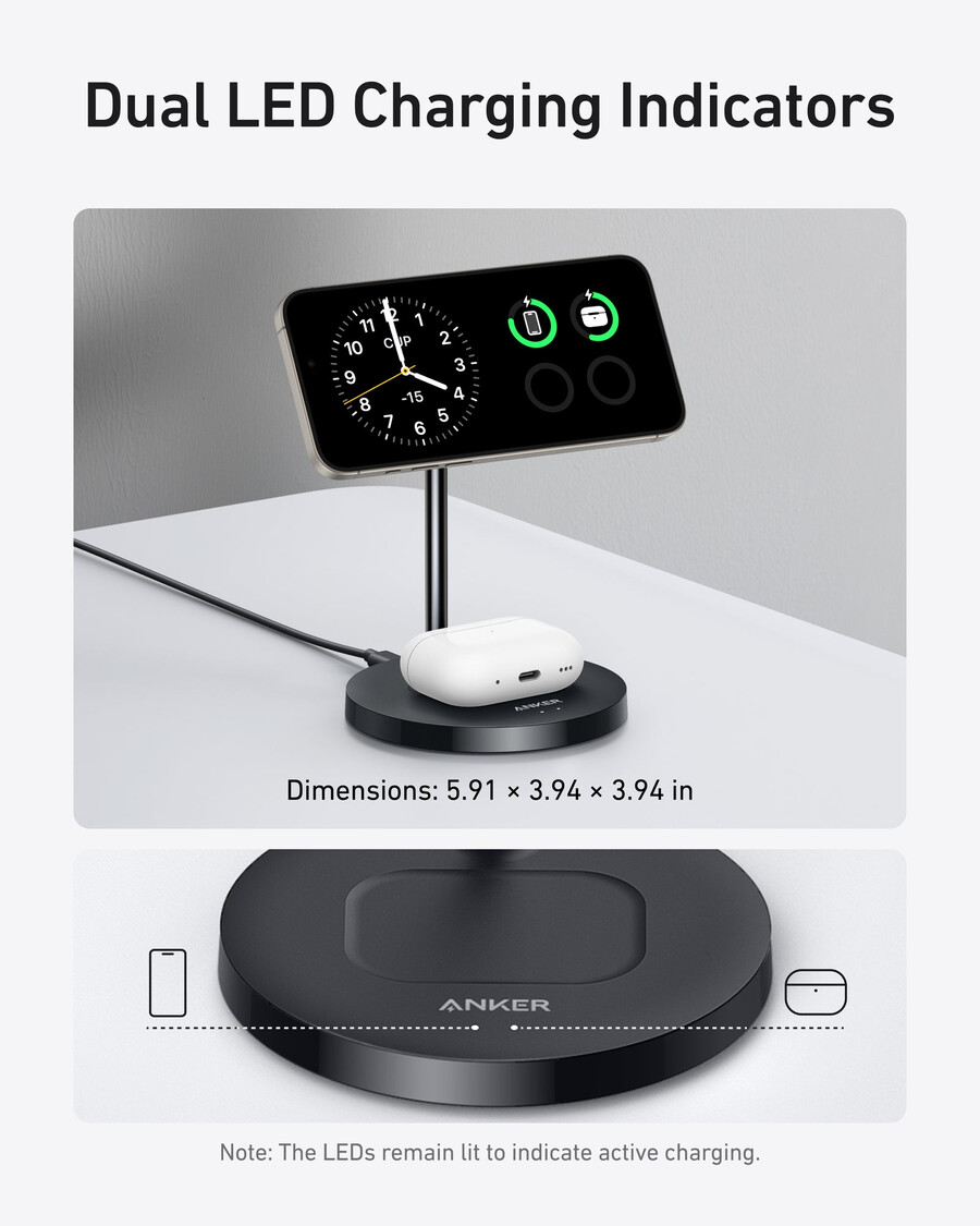 anker maggo trådløs lader 2-i-1 stativ 40w adapter inkludert