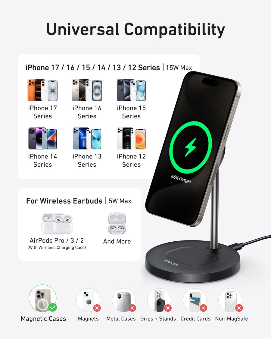 anker maggo trådløs lader 2-i-1 stativ 40w adapter inkludert