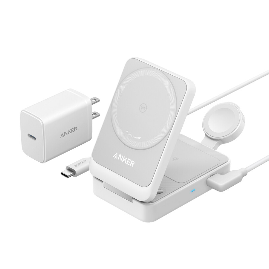 anker maggo trådløs ladestasjon sammenleggbar 3-i-1 og anker nano reiseadapter 5-i-1 20w 1-pakning