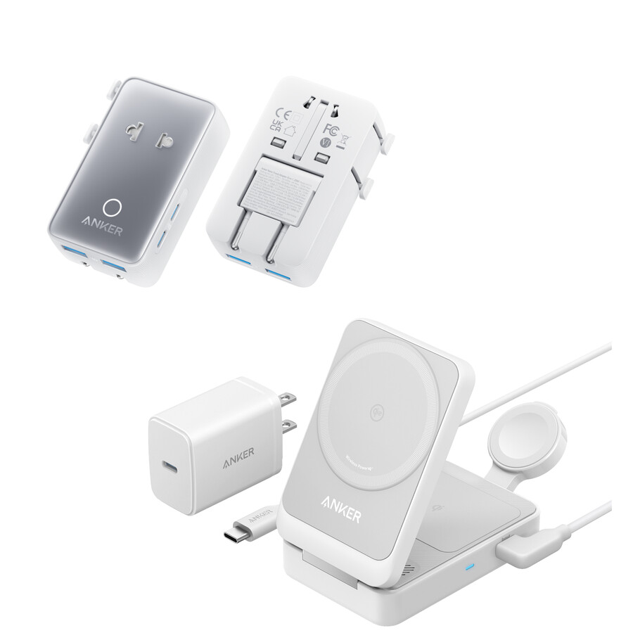 anker maggo trådløs ladestasjon sammenleggbar 3-i-1 og anker nano reiseadapter 5-i-1 20w 1-pakning