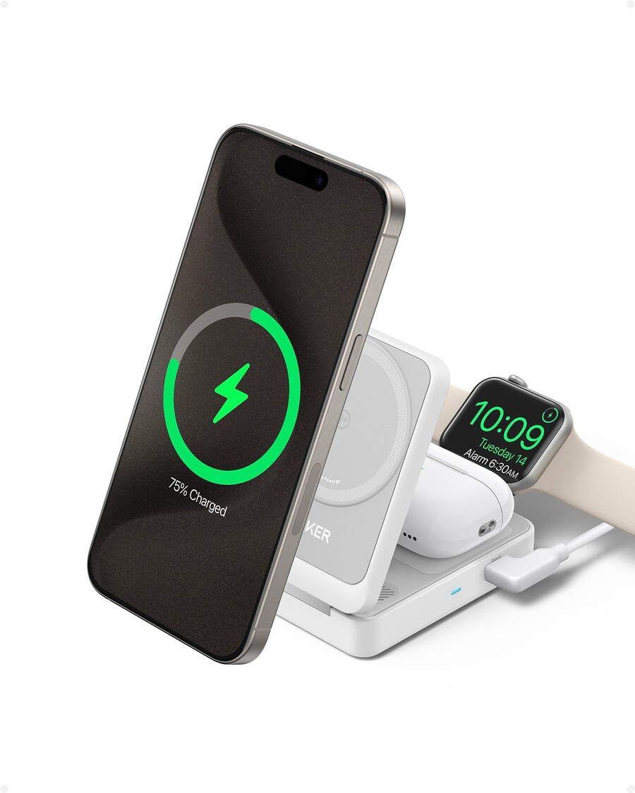 anker maggo trådløs ladestasjon sammenleggbar 3-i-1 og anker nano reiseadapter 5-i-1 20w 1-pakning