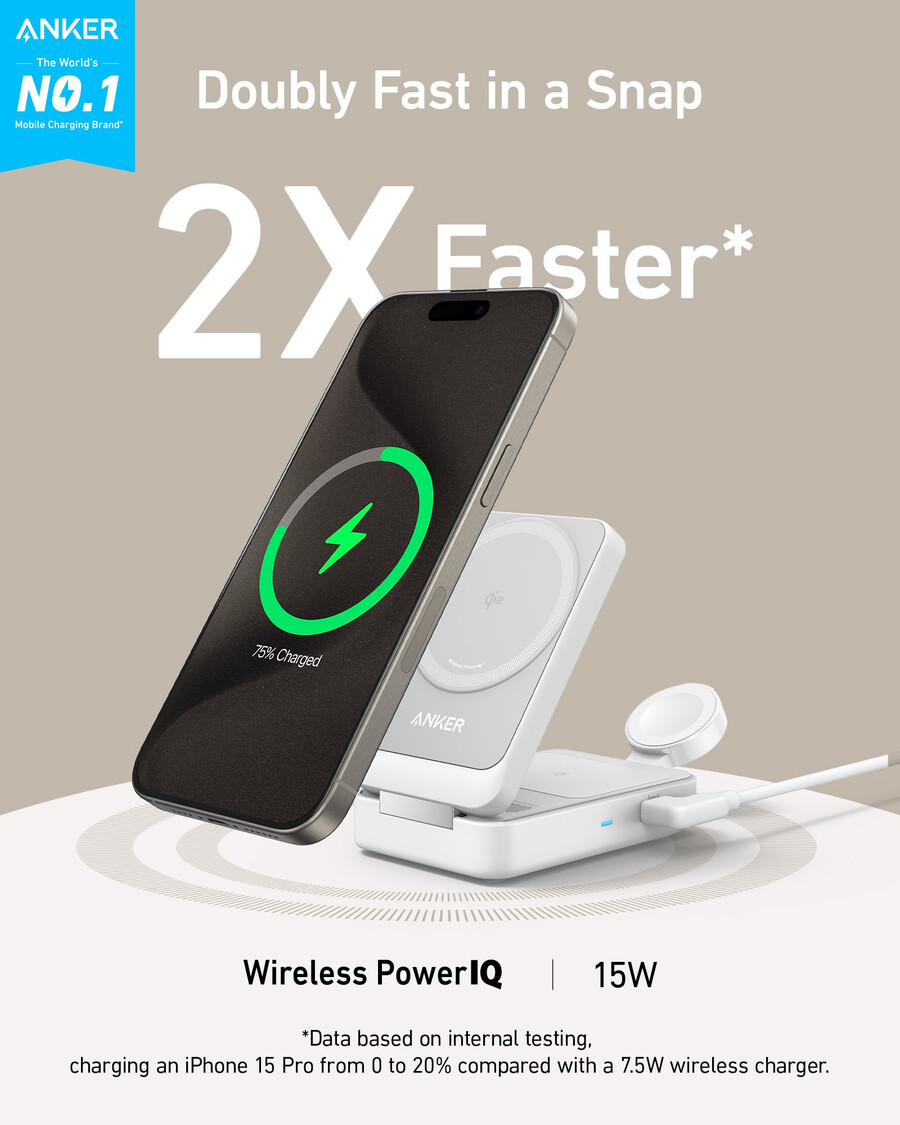anker maggo trådløs ladestasjon sammenleggbar 3-i-1 og anker nano reiseadapter 5-i-1 20w 1-pakning