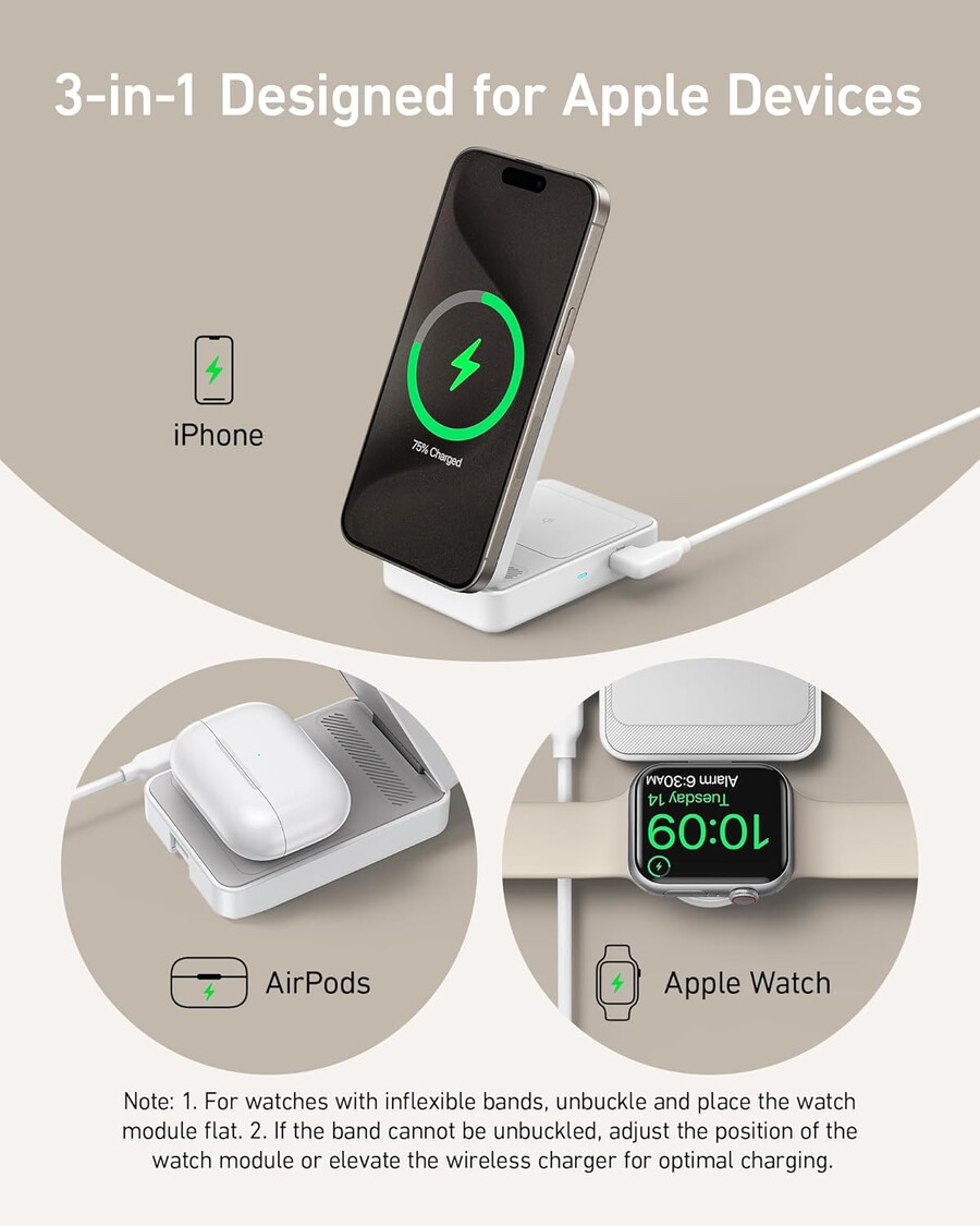 anker maggo trådløs ladestasjon sammenleggbar 3-i-1 og anker nano reiseadapter 5-i-1 20w 1-pakning