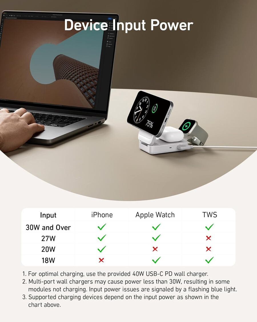 anker maggo trådløs ladestasjon sammenleggbar 3-i-1 og anker nano reiseadapter 5-i-1 20w 1-pakning