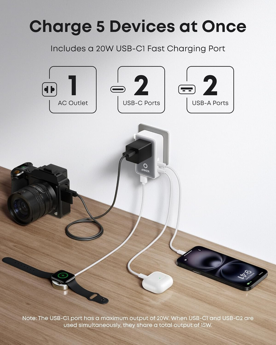 anker maggo trådløs ladestasjon 3-i-1 sammenleggbar ladeplate og anker nano reiseadapter 5-i-1 20w 1-pakning