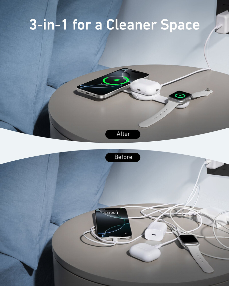 anker maggo trådløs ladestasjon 3-i-1 sammenleggbar ladeplate og anker nano reiseadapter 5-i-1 20w 1-pakning
